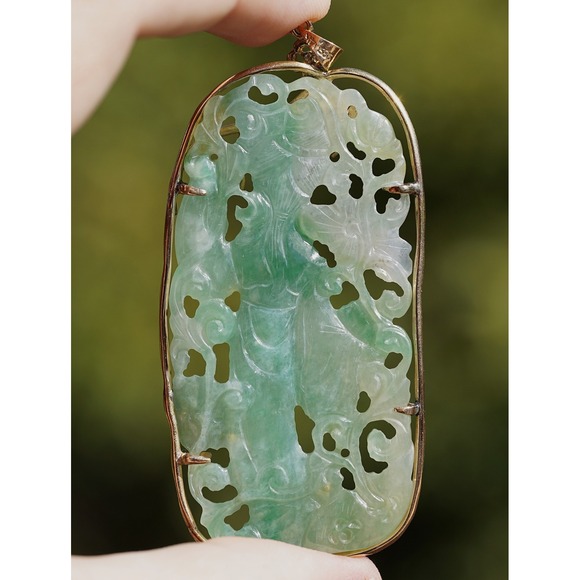 Antique 14k Solid Gold Natural Untreated Jadeite Jade & Diamond Pendant 28g - Picture 8 of 14